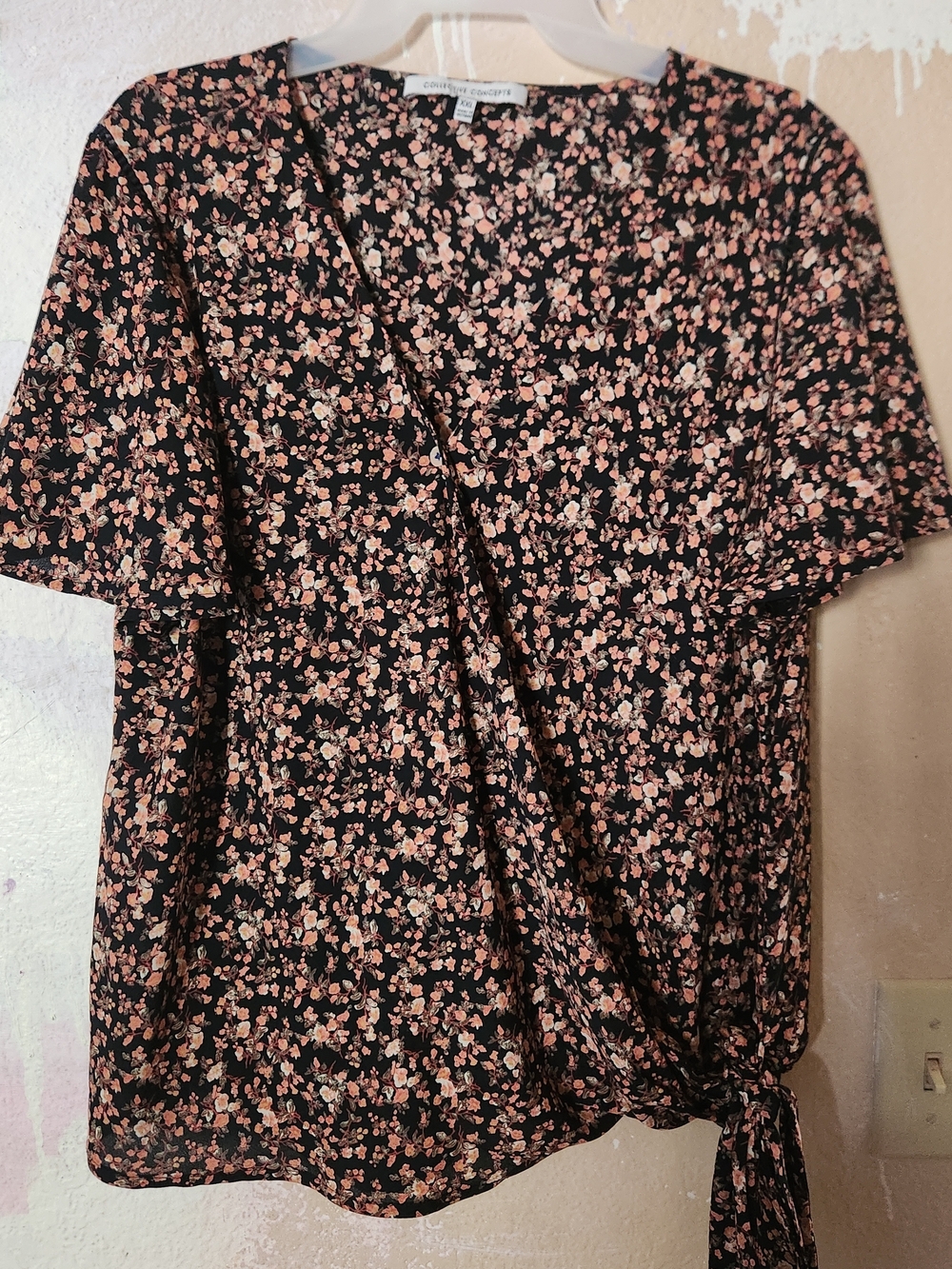 Floral Wrap Tie Blouse - Black with Pink Blossoms